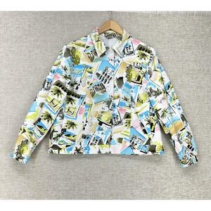 Laura Ashley Jacket Womens PM Petite Multicolor Beach Print Sequin Button Lined